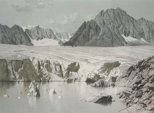 Aletschgletscher. - Gesamtansicht. - E. Cicéri. - "Le Lac Mcerill et le Glacier d´Aletsch (Canton du Valais)".