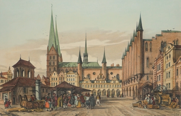 Lübeck. - Marktplatz. - Kolorierte Ansicht. - "Palais du Sénat et Place du Marché".