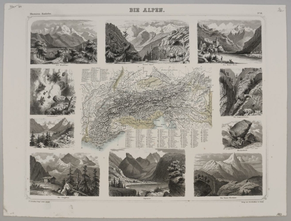 Schweiz. - Souvenirblatt mit Karte. - Die Alpen.