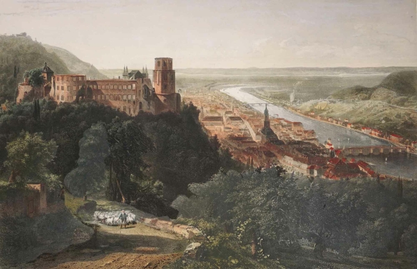 Heidelberg. - kolorierte Gesamtansicht mit Schloss. - Heidelberg.