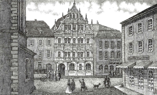 Heidelberg. - Gesamtansicht. - W. Peters. - "Gasthaus zum Ritter in Heidelberg um 1850".