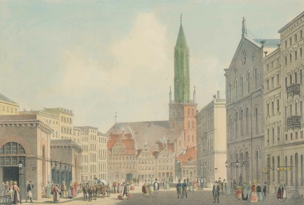 Hamburg. - Gesamtansicht. - Fuchs. - "Pferdemarkt, Markt-Halle, Jacobi Kirche, Thalia-Theater".