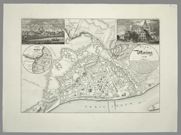 Mainz. - Karte mit zwei Veduten. - Plan von Mainz 1849.