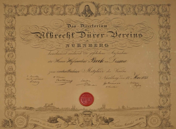 Nürnberg. - Aufnahmeurkunde. - Albrecht Dürer Verein.