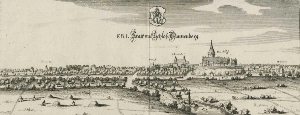 Dannenberg (Elbe). - Panoramaansicht. - Merian. - "F.B.L. Statt und Schloss Dannenberg".