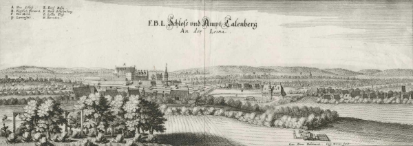 Pattensen. - Panoramaansicht. - Merian. - "F.B.L. Schloss und Ampt Calenberg An der Leina".