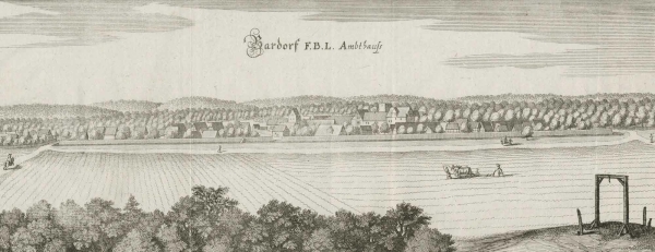 Bahrdorf. - Panoramaansicht. - Merian. - "Bardorf F.B.L. Ambthauss".