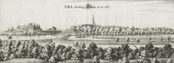 Ahlden (Aller). - Panoramaansicht. - Merian. - "F.B.L. Abthauss Alden An der Aller".