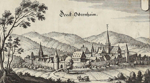 Odernheim am Glan. - Panoramaansicht. - Merian. - "Dreck-Odernheim".