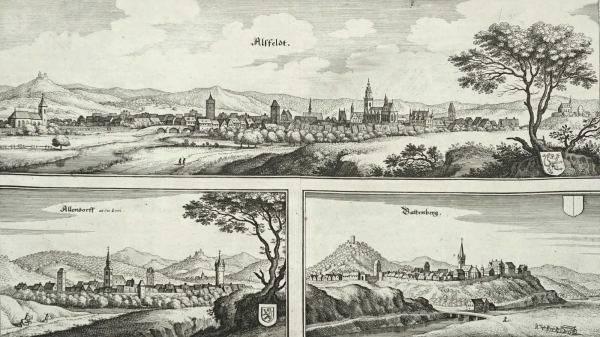 Alsfeld / Allendorf (Lumda) / Battenberg (Eder). - Panoramaansicht. - Merian. - "Alsfeldt / Allendorff an der Lom / Battenberg".