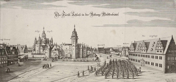 Wolfenbüttel. - Panoramaansicht. - Merian. - "Das Fürstl. Schloss in der Festung Wolffenbüttel".