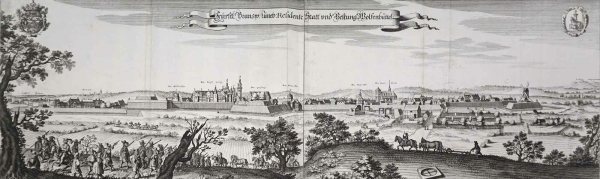 Wolfenbüttel. - Panoramaansicht. - Merian. - "Fürstl: Brunsw: Lüneb: Residentz Statt und Festung Wolfenbüttel".