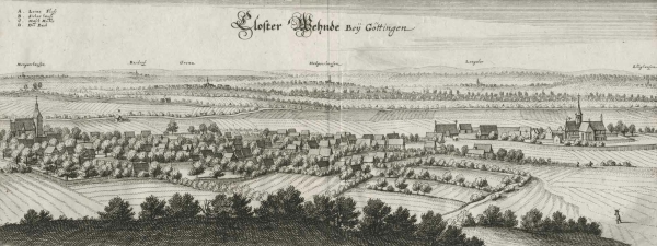 Göttingen. - Panoramaansicht. - Merian. - "Closter Wehnde Bey Göttingen".