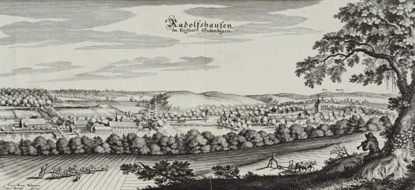 Samtgemeinde Radolfshausen. - Panoramaansicht. - Merian. - "Radolfshausen Im Fürstenth. Grubenhagen".