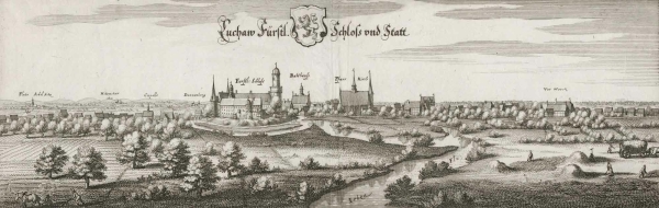 Luckau (Wendland). - Panoramaansicht. - Merian. - "Luchaw Fürstl. Schloß und Statt".