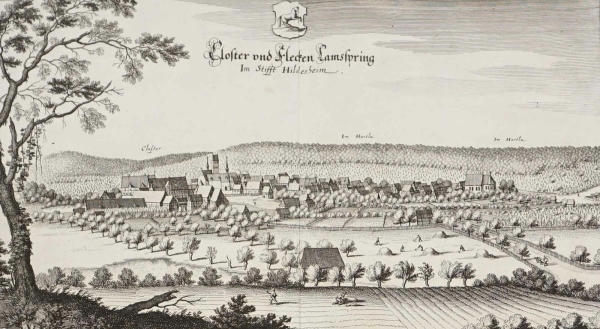 Lamspringe. - Panoramaansicht. - Merian. - "Closter und Flecken Lamsspring Im Stifft Hildesheim".