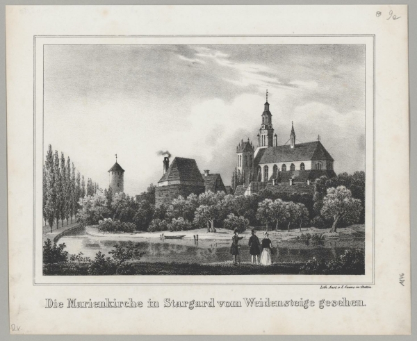 Stargard in Pommern / Stargard. - Kirchenansicht. - Die Marienkirche in Stargard vom Weidensteige gesehen.