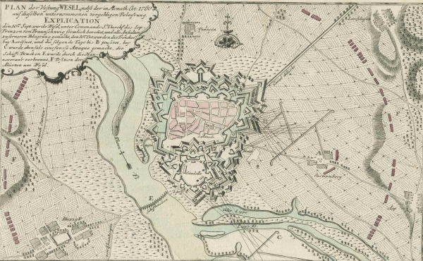 Wesel. - Belagerungs- und Befestigungsplan. - Gabriel Nicolaus Raspe. - "Plan der Vestung Wesel, nebst der im Monath Oct: 1760 (...)".