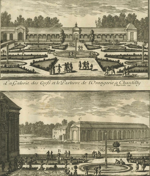 Chantilly. - Gartenarchitektur. - Gabriel Perelle. - "La Galerie des Cerfs et le Parterre de lOrangerie à Chantilly".