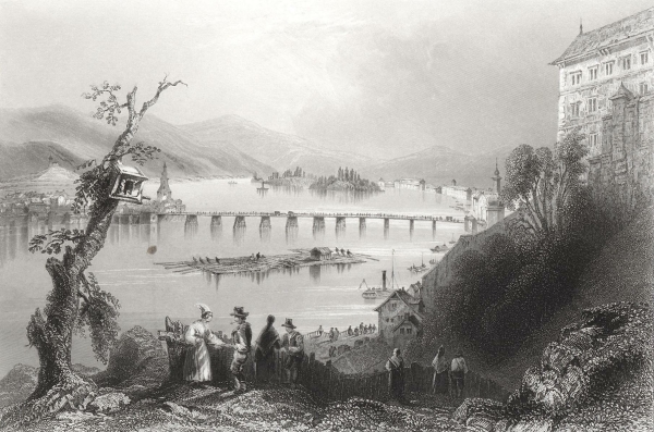 Linz. - Flussansicht. - Bartlett & Armytage. - "Bridge of Linz Pont de Lintz".