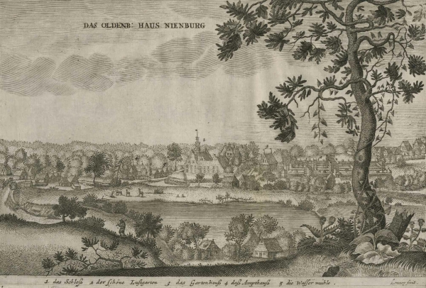 Neuenburg (Zetel). - Gesamtansicht mit Schloss. - Elias van Lennep. - "Das Oldenburg. Haus Nienburg".
