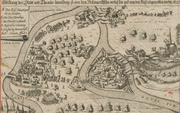 Havelberg. - Gefechtsdarstellung. - "Abbildung der Stadt und Thumbs Havelberg, so von den Denmarckischn verlassen und von den Keys. eingenomen worden, 1627".