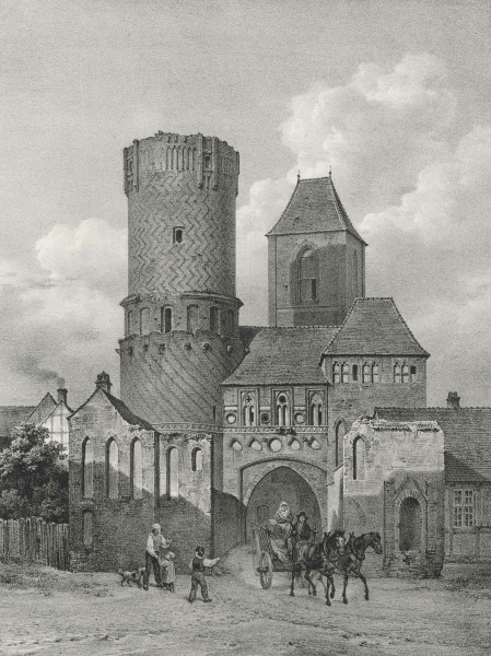 Tangermünde. - Gesamtansicht. - Meyerheim. - "Neustädter Thor & Nicolaikirche zu Tangermünde".
