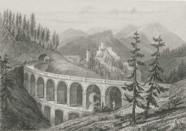 Klamm (Breitenstein). - Burgruine und Eisenbahnviadukt. - "Viaduct zu Klam".