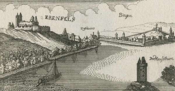 Bingen am Rhein. - Ansicht mit Burg Ehrenfels. - "Ehrenfels / Bingen".