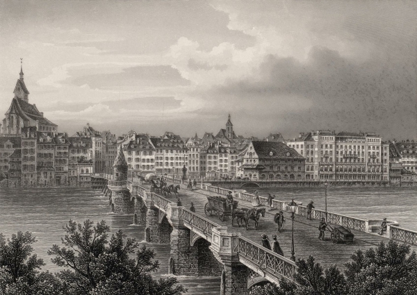 Basel. - Panoramaansicht. - "Basel mit der Rheinbrücke (Basel)".