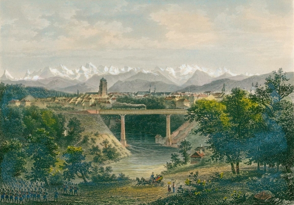 Bern. - Teilansicht. - "Bern mit der Eisenbahnbrücke (Bern)".