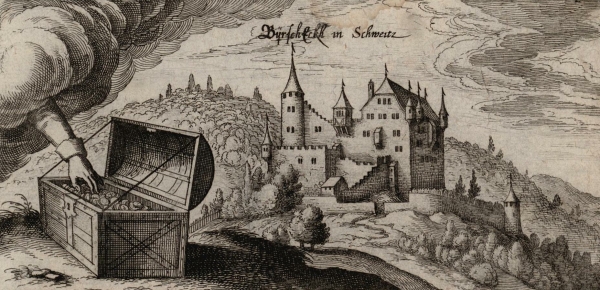 Burg Birsek (Arlesheim). - Gesamtansicht. - Meisners Schatzkästlein. - "Byrscheckh in Schweitz".