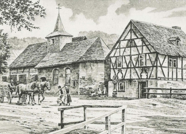 Immerath. - Kapellenansicht. - "Immerath, Backhaus mit Kapelle um 1900".