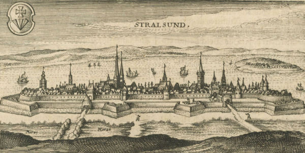 Stralsund. - Vogelschau. - Friedrich von Hulsius. - "Stralsund".